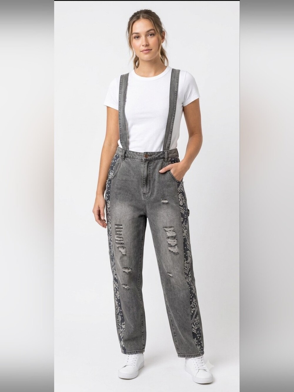 Easel Blackish Gray Distressed Denim Overalls with Bandana Side Panels Large